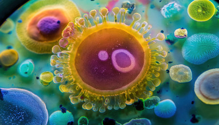 This vivid view showcases various viruses and bacteria, emphasizing their intricate structures and vibrant colors under a microscope, enhancing scientific discovery and understanding.の素材