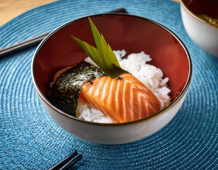 Salmon fillet sits atop a bed of fluffy rice, garnished with a strip of seaweed and green leaves, showing the beauty of traditional Japanese food presentation.の素材
