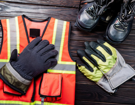 Construction safety gear is laid out on a wooden surface, featuring brightly colored vests, durable gloves, and sturdy boots, ready for use in the work environment.の素材