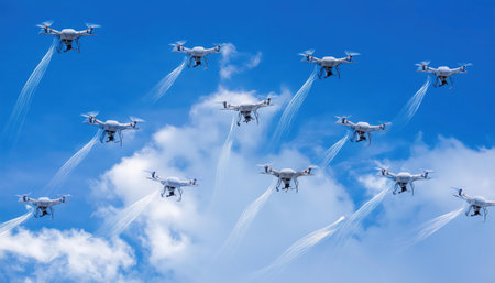 Multiple drones operate together, creating a captivating aerial performance by dispersing mist in intricate patterns against a clear blue sky.の素材
