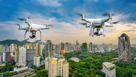 Two Firefly drones operate simultaneously to assess air quality and capture detailed images of the city's urban landscape during daylight hours.の素材