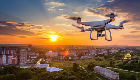 A Firefly drone navigates the sky, surveying a picturesque urban landscape as the sun sets, creating a captivating backdrop of colors and shadows.の素材