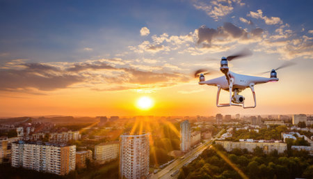 A Firefly drone operates above a cityscape at sunset, capturing images of the vibrant horizon while urban life continues below in the soft evening light.の素材