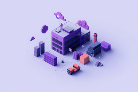 A modern digital marketplace is depicted with stylized buildings, shipping containers, and a truck, representing global commerce and logistics. The scene captures a colorful, dynamic environment.の素材