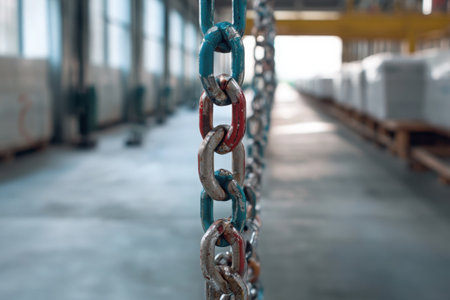 A close-up of a chain hangs in a warehouse, revealing the disruption of supply lines. The background shows storage areas affected, emphasizing logistics challenges in operations.の素材