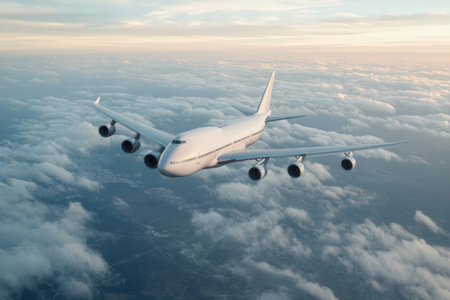 A cargo plane flies through a sky filled with soft clouds at sunset, carrying valuable economic assets to its destination, illustrating air transportation's role in global trade.の素材