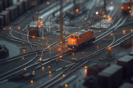 Railway tracks create a complex network under the night sky, illuminated by orange lights as a train navigates the interconnections essential for commodity exchanges.の素材