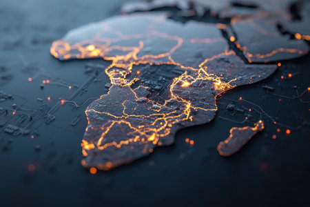 Illuminated lines across Africa represent economic growth and connectivity in various regions. The warm glow demonstrates urban development and emerging markets supporting the continent's progress.の素材