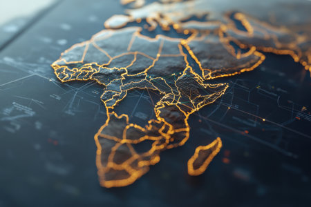 A map of Africa showcases its potential for economic growth, featuring illuminated borders and intricate details, symbolizing connectivity and development.の素材