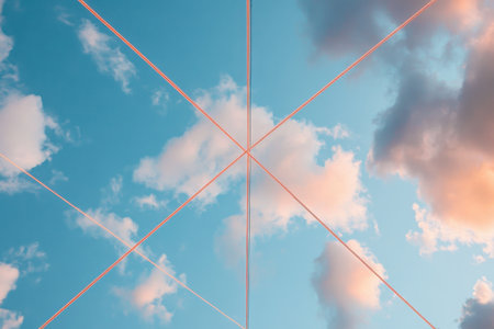 A captivating sky during golden hour shows lines of light intersecting and connecting fluffy clouds. The hues of blue and warm tones create a serene atmosphere.の素材