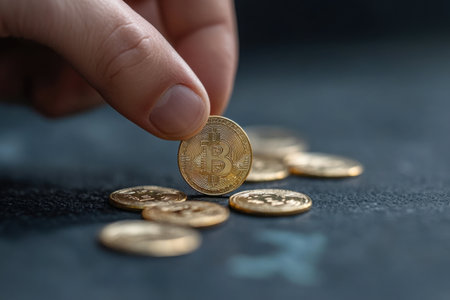 A hand is seen carefully transferring gold coins, symbolizing cryptocurrency. This activity illustrates the significance of digital finance in global trade and economic interactions.の素材