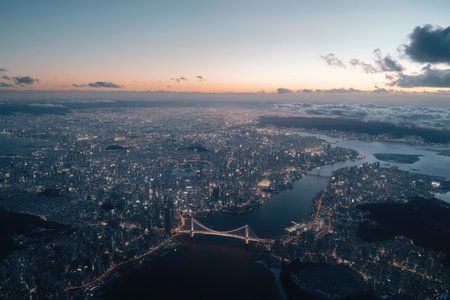 A breathtaking view captures the sprawling network of cities illuminated as night falls. Bright lights twinkle over waterfronts and bridges, showing the beauty of urban life.の素材