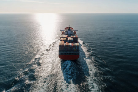 A large container ship navigates through calm waters, carrying various goods. The bright sunlight creates reflections on the sea, highlighting the vessel's journey.の素材