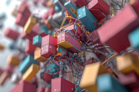 Detailed diagram depicting global trade routes with numerous interconnected shipping containers. This representation highlights the complexity of international logistics and trade networks.の素材