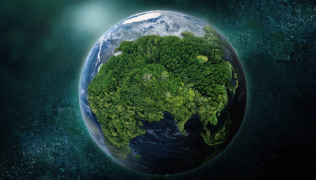 A vivid illustration of Earth wrapped in vibrant green forests, floating in a dark cosmic expanse. The image highlights the beauty of nature and the planet's rich biodiversity.の素材