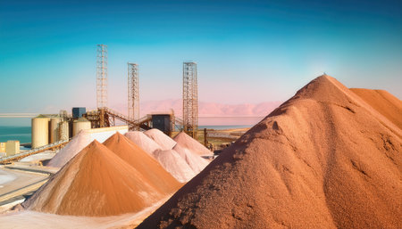 Potash production occurs at a factory located by the Dead Sea, with impressive piles of minerals in the vicinity under a clear sky.の素材