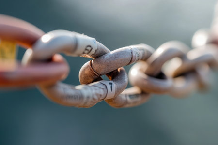 A large chain links various currency symbols, representing the interconnectedness of global economies. The focus showcases the strength and complexity of financial systems.の素材