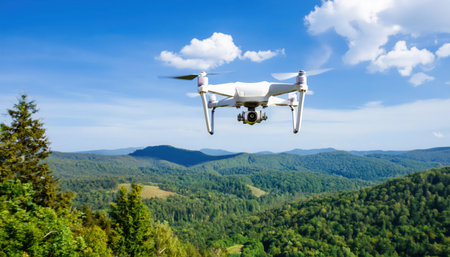 A drone operates above a breathtaking mountainous region, providing an aerial perspective of lush green forests and rolling hills on a clear sunny day.の素材