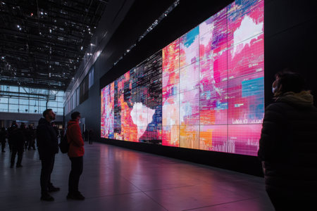 A group of people observes a large screen showcasing real-time economic data in a modern urban environment. The colorful visuals engage onlookers, sparking interest in market trends.の素材