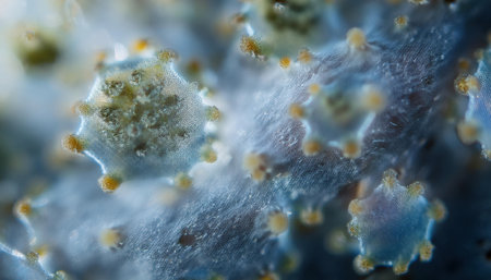 This close-up offers a fascinating glimpse into virus structures, highlighting their unique features and textures indicative of pandemic characteristics. The microscopic details are striking.の素材