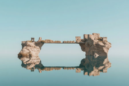 A breathtaking floating bridge of knowledge spans across tranquil water, linking two landmasses. This bridge showcases a unique blend of architecture and nature, reflecting serenity and enlightenment.の素材