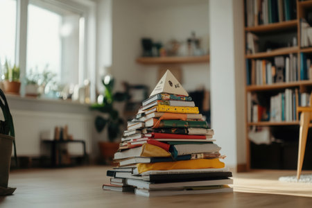 A towering stack of books rests on a wooden floor in a well-lit room filled with greenery. This setup invites exploration, reflecting stages of human knowledge and imagination.の素材