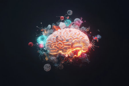 A glowing brain emits light while surrounded by abstract shapes and conceptual ideas, illustrating the connection between thoughts, creativity, and knowledge in a digital realm.の素材