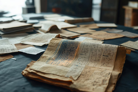 Numerous manuscripts and papers are spread across a table, revealing handwritten texts and sketches.の素材
