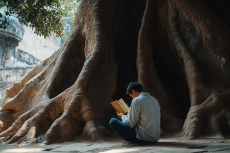 A man is seated on the ground, deeply engrossed in a book under the expansive canopy of a large tree. The serene environment invites peaceful contemplation.の素材
