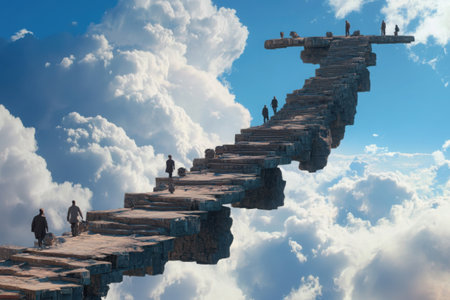 A floating bridge of knowledge links individuals as they traverse a winding path in a dreamlike sky filled with clouds. Each figure moves towards a destination of learning and discovery.の素材