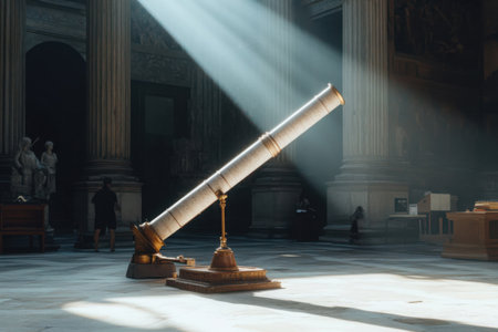 Rays of sunlight illuminate an ancient astronomical instrument inside a grand historic building. The setting features classical columns and sculptures, enhancing its timeless beauty.の素材
