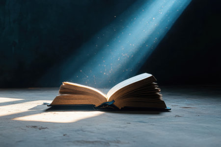 An open book rests on a flat surface as beams of light shine through, creating a captivating display of illuminated dust particles in a tranquil atmosphere.の素材