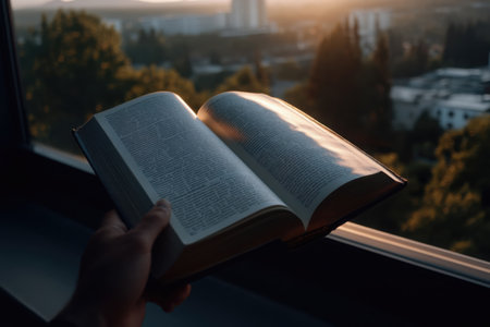 As the sun sets, warm light illuminates an open book held near a window, creating a tranquil atmosphere. The soft glow highlights the pages, inviting contemplation.の素材