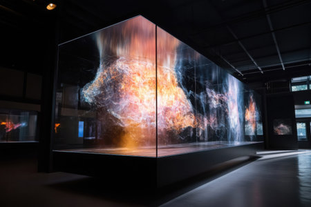 A holographic model illustrates the world with vibrant colors and intricate designs, highlighting geographical features and phenomena in an innovative exhibition setting.の素材