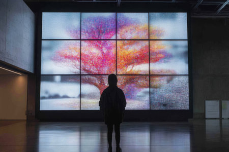 In a contemporary gallery, an individual stands captivated in front of an expansive digital display showing a colorful, artistic representation of a tree.の素材