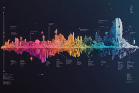 A timeline shows key stages of human evolution, highlighting major developments from prehistoric times to today, reflecting our ancestry and progress.の素材