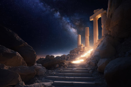 A winding path leads to majestic ancient columns, softly illuminated by a warm light. The night sky is filled with stars, creating a serene and mystical atmosphere.の素材