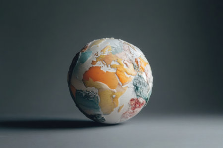 A globe depicting all continents with vibrant colors and intricate topographical details is displayed against a plain gray background. The focus highlights Earth's geographic features.の素材