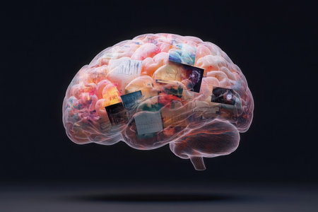 A holographic brain displays complex neural structures filled with various images and information, illustrating the connection between cognition and visual data.の素材