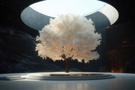 A luminous tree of knowledge stands proudly in a dark, mystical space, its branches radiating a soft light. An opening above allows a celestial glow to enhance this enchanting scene.の素材