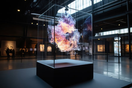 This innovative holographic artwork showcases vibrant colors and intricate details, capturing the world's contours and features, attracting attention in a modern gallery.の素材