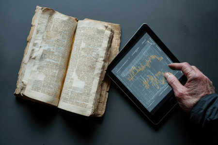 A weathered hand holds a tablet displaying financial graphs, positioned next to an open ancient manuscript with yellowed pages, highlighting the contrast between old and new.の素材
