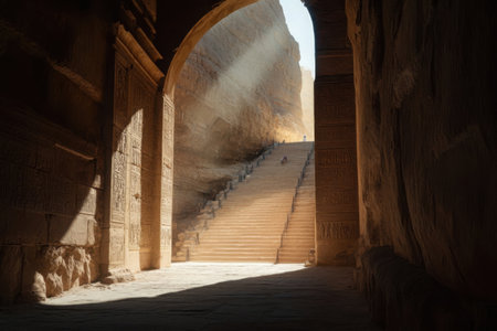 Sunlight streams through a majestic stone archway, casting a warm glow on a winding path leading up steps. The ancient walls are adorned with intricate carvings, hinting at a rich history.の素材