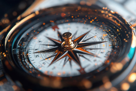 An ancient compass lies on a weathered map, its gleaming needle fixed firmly on a direction, promising adventure and the discovery of hidden treasures and wealth.の素材