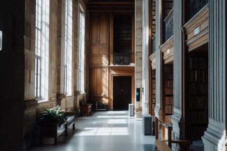Large windows illuminate the interior of the library, casting light on wooden shelves filled with books. Benches invite quiet reading and reflection in this historic space.の素材