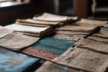 Various manuscripts are carefully arranged on a wooden table. Each document features unique writing styles, reflecting diverse cultures and historical contexts, inviting exploration and study.の素材