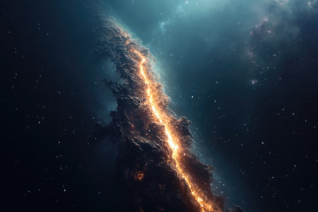 A vibrant path of light cuts through a dark galaxy, highlighting cosmic dust and distant stars twinkling in the vast expanse. This captivating view reveals the beauty of the universe.の素材