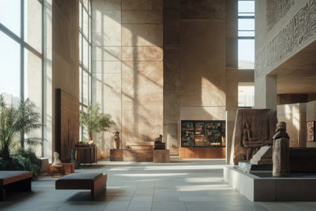 Visitors explore a spacious museum interior featuring elegant sunlight filtering through large windows.の素材