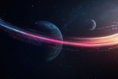 An expansive cosmic setting features two planets surrounded by vibrant information flows. Bright colors swirl dynamically against the dark backdrop of space as energy pulses through the scene.の素材