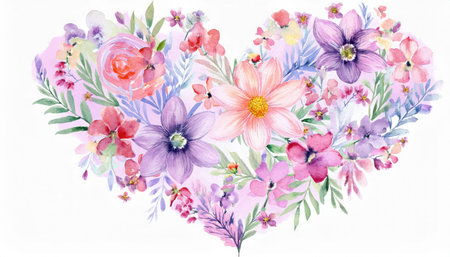A heart-shaped arrangement of various blooming flowers creates a vibrant and colorful display, capturing the essence of nature's beauty.の素材